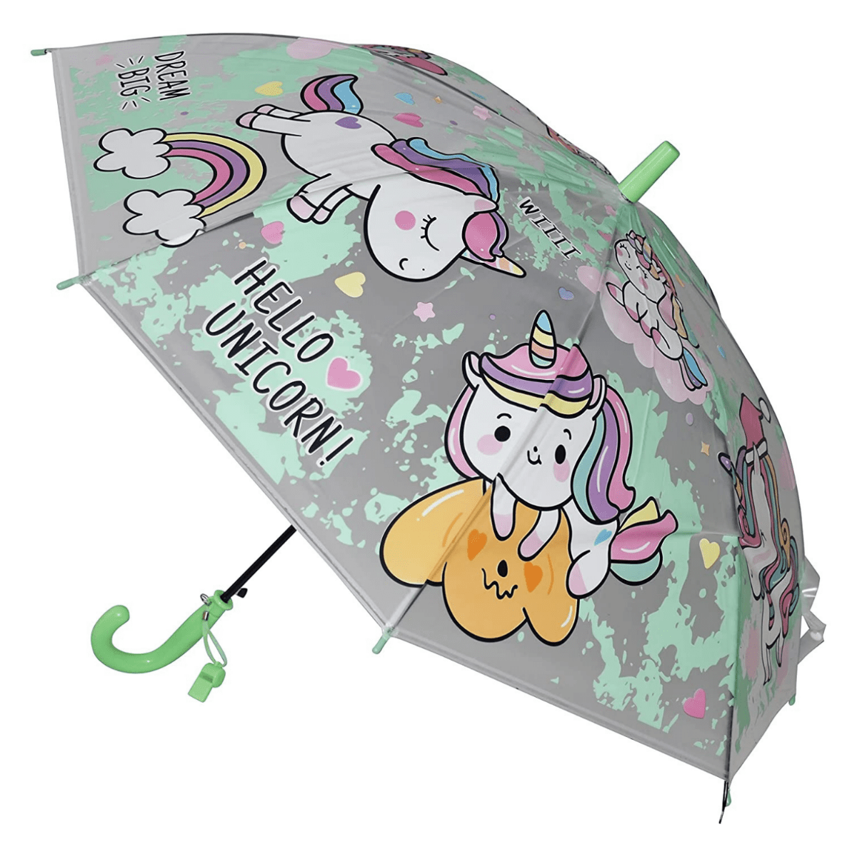 Translucent Unicorn Auto Open Kids Umbrella with Whistle - Light Green Colour