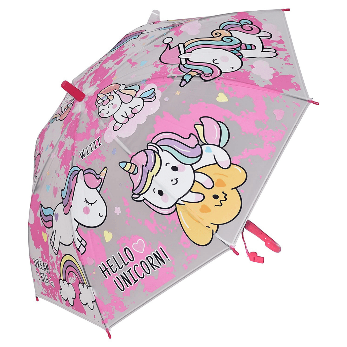 Translucent Unicorn Auto Open Kids Umbrella with Whistle - Dark Pink Colour