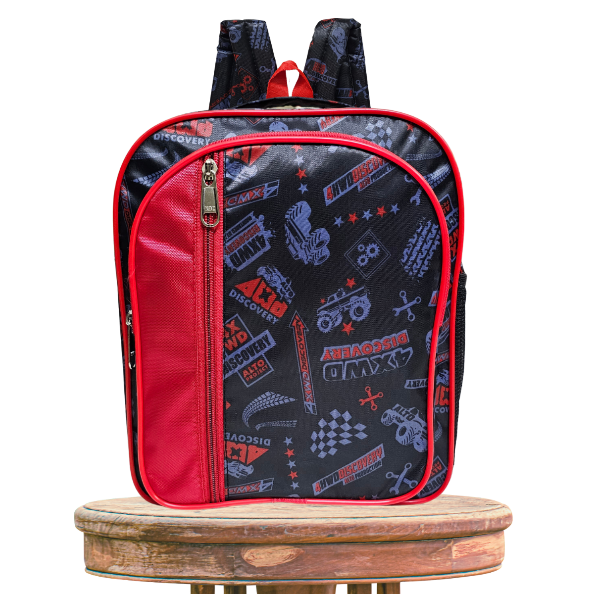 School Bag Backpack for Kids 4XWD Discovery Design Red Black - Height 12 Inches