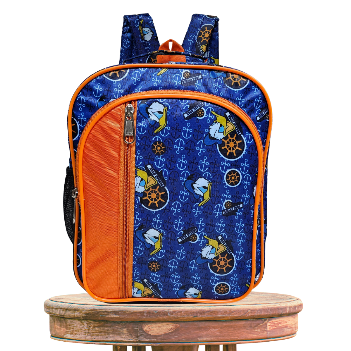 School Bag Backpack for Kids Donald Duck Cartoon Design Blue Orange - Height 12 Inches