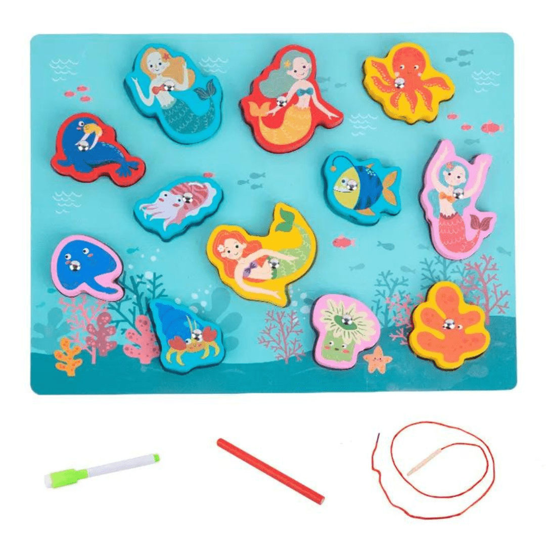 Lil Amigos nest Wooden Sea Creatures Bundle: 3-in-1 Chunky Puzzle, Magnetic Lacing Board & Drawing Board - Educational Toys for Toddlers 1+ Year