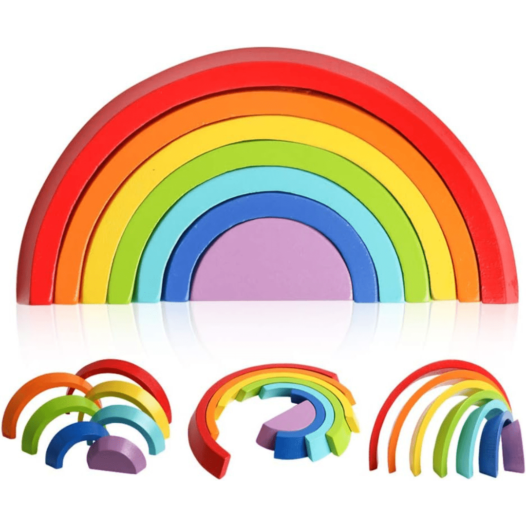 Lil Amigos Nest Wooden Rainbow Stacking Toy - Montessori Arch Bridge Blocks Set for Learning and Play - Colorful Nesting Puzzle Game for Kids 18m+