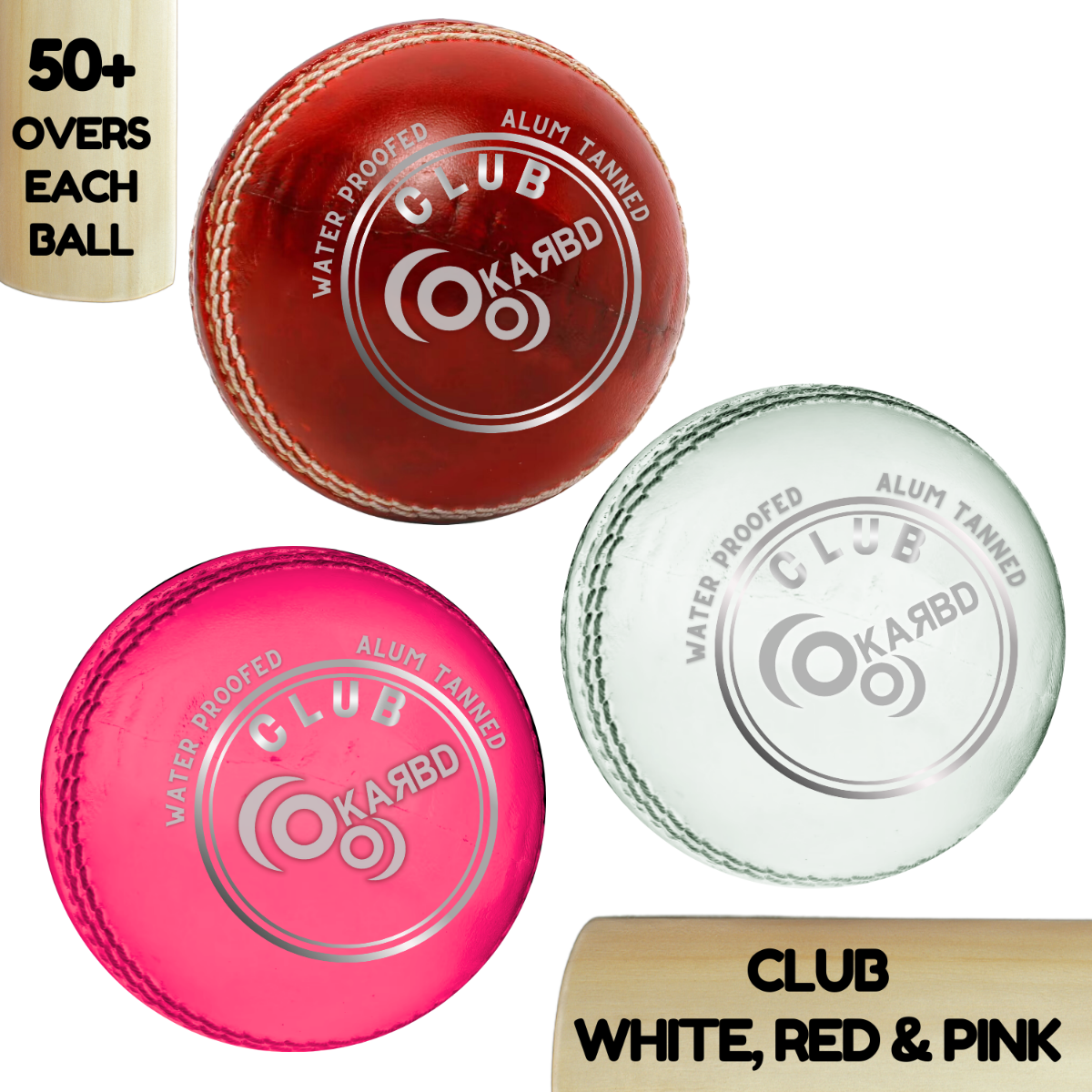 Cricket Leather Ball 4 Piece - 50+ Overs, Club White, Red & Pink, Pack of 3