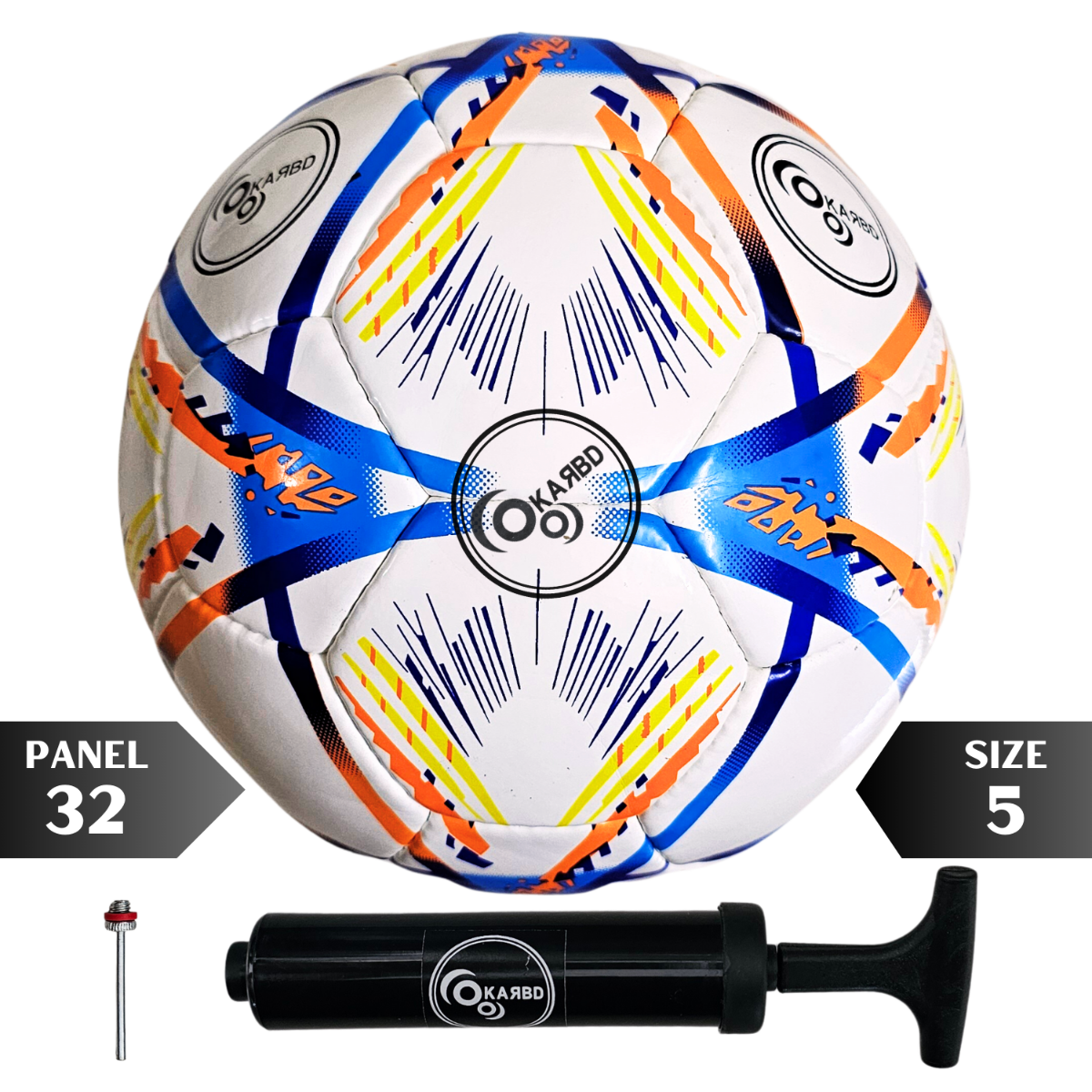 Football with Air Pump & Pin - Size 5, 32 Panel, PU Leather, White Orange Blue Graphic