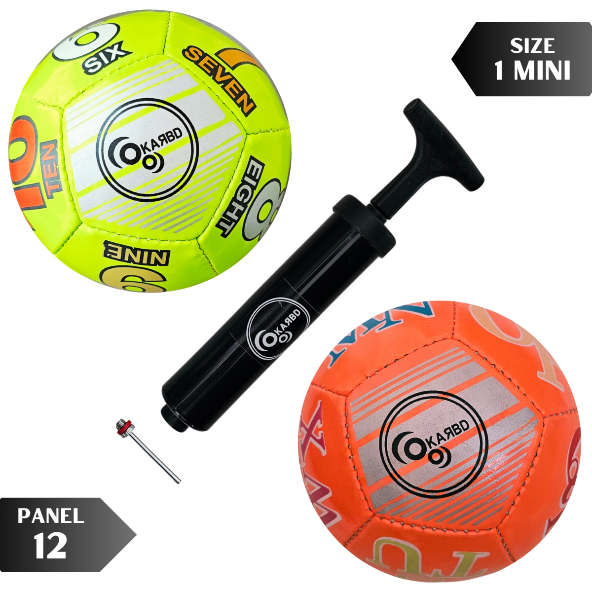 PVC Football with Pump & Pin - Size 1, 12 Panel, Orange Alphabets & Green Numbers Learning