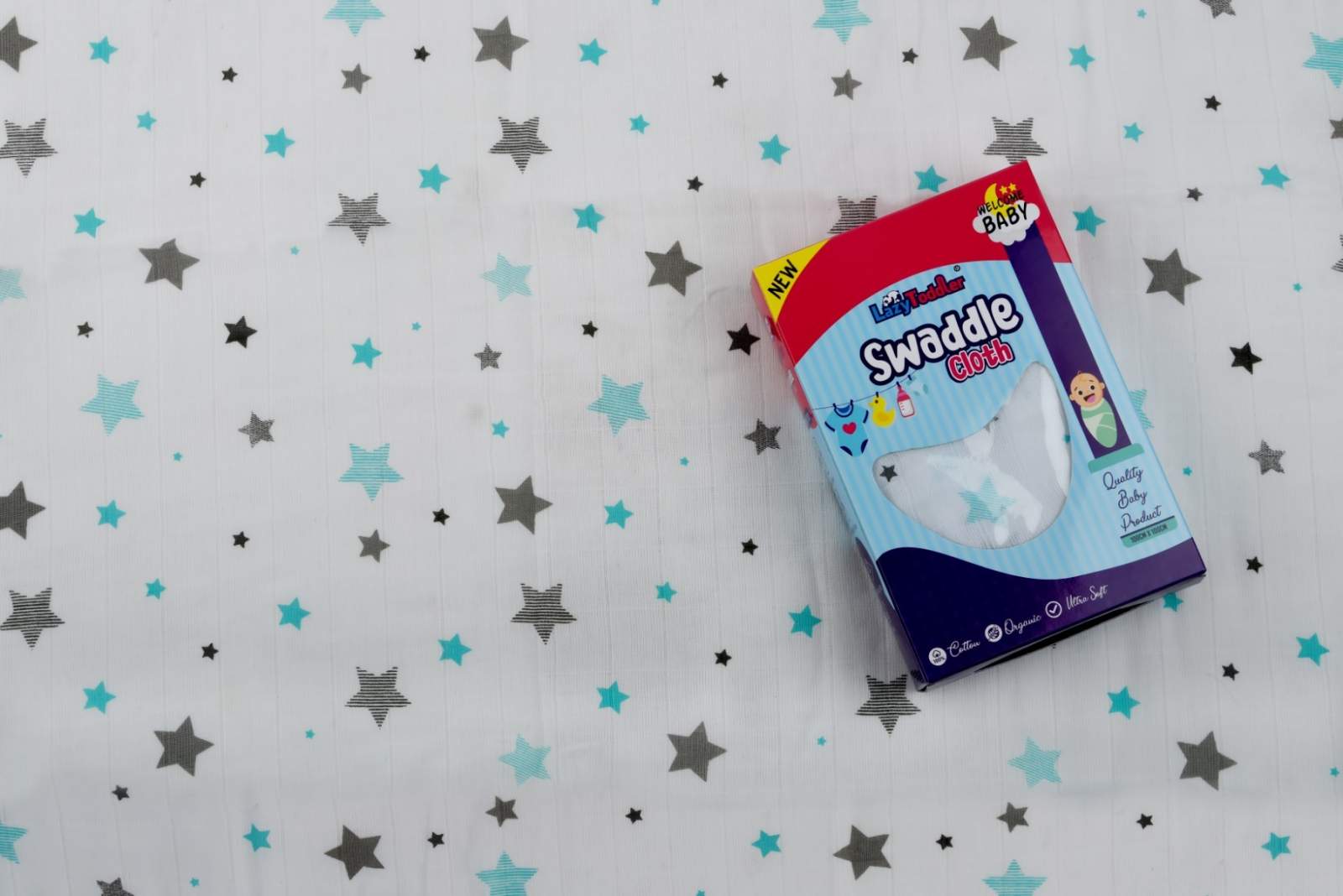 LazyToddler Organic  Cotton Muslin Baby Swaddle Blue Star