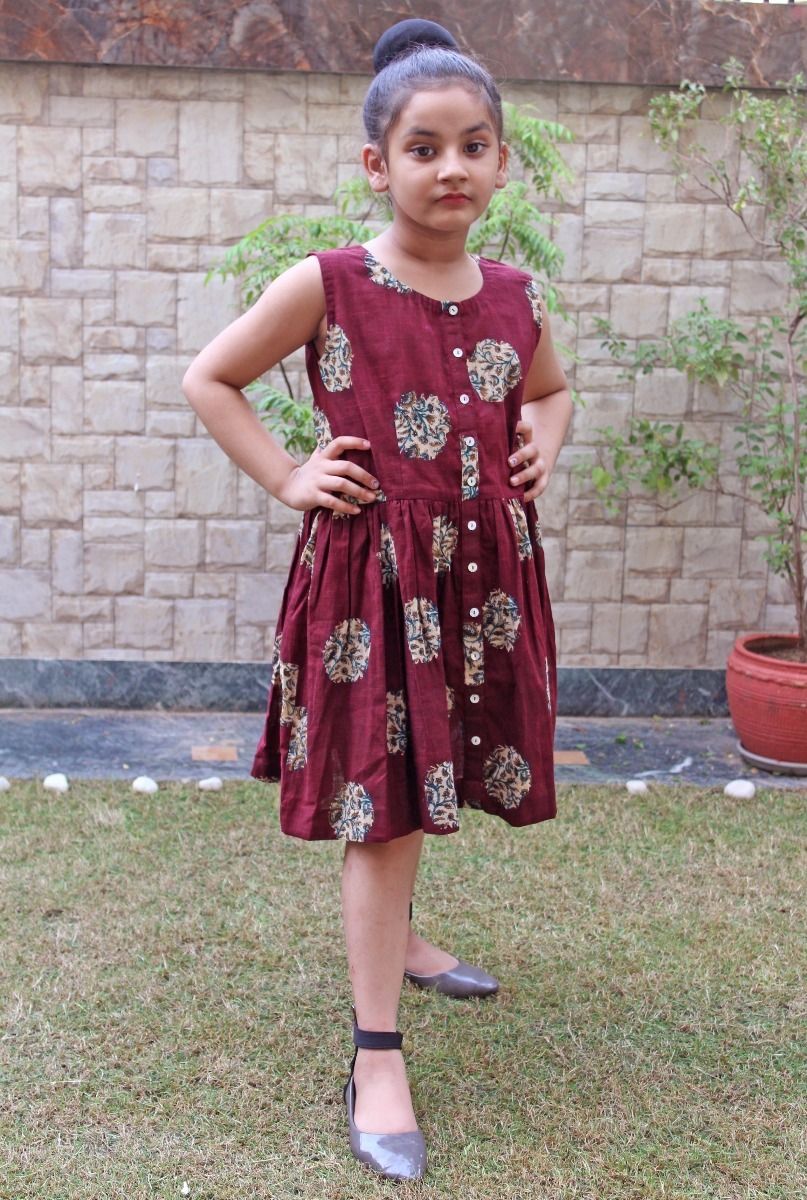 Red Printed Gather Button dress