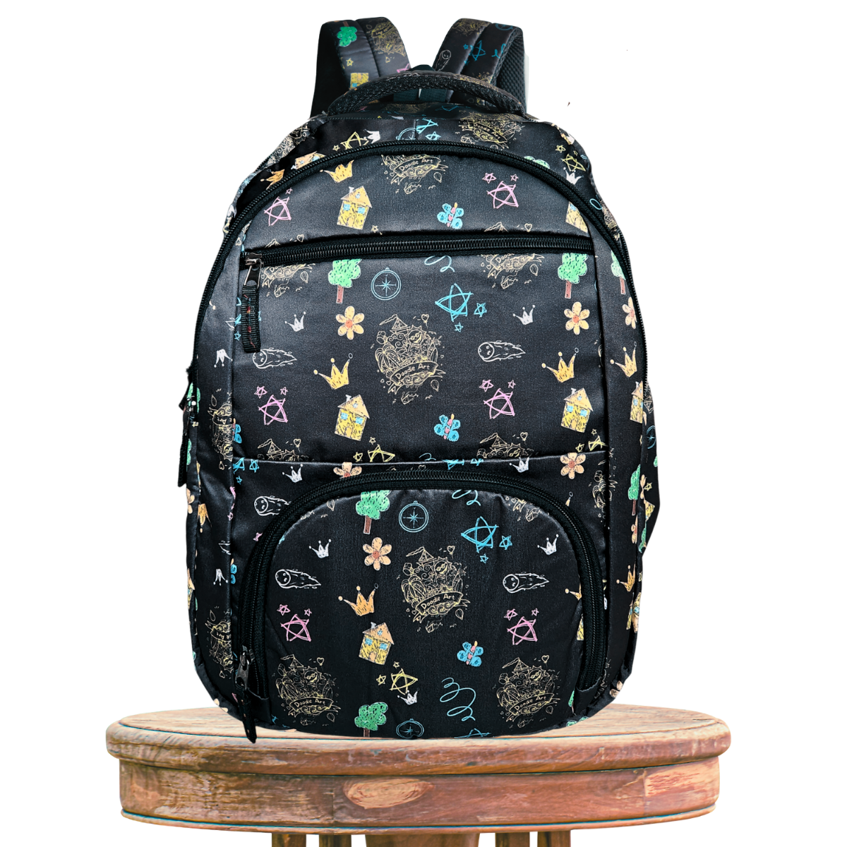 School Bag Backpack for Kids Doodle Art Design Black - 17 Inches