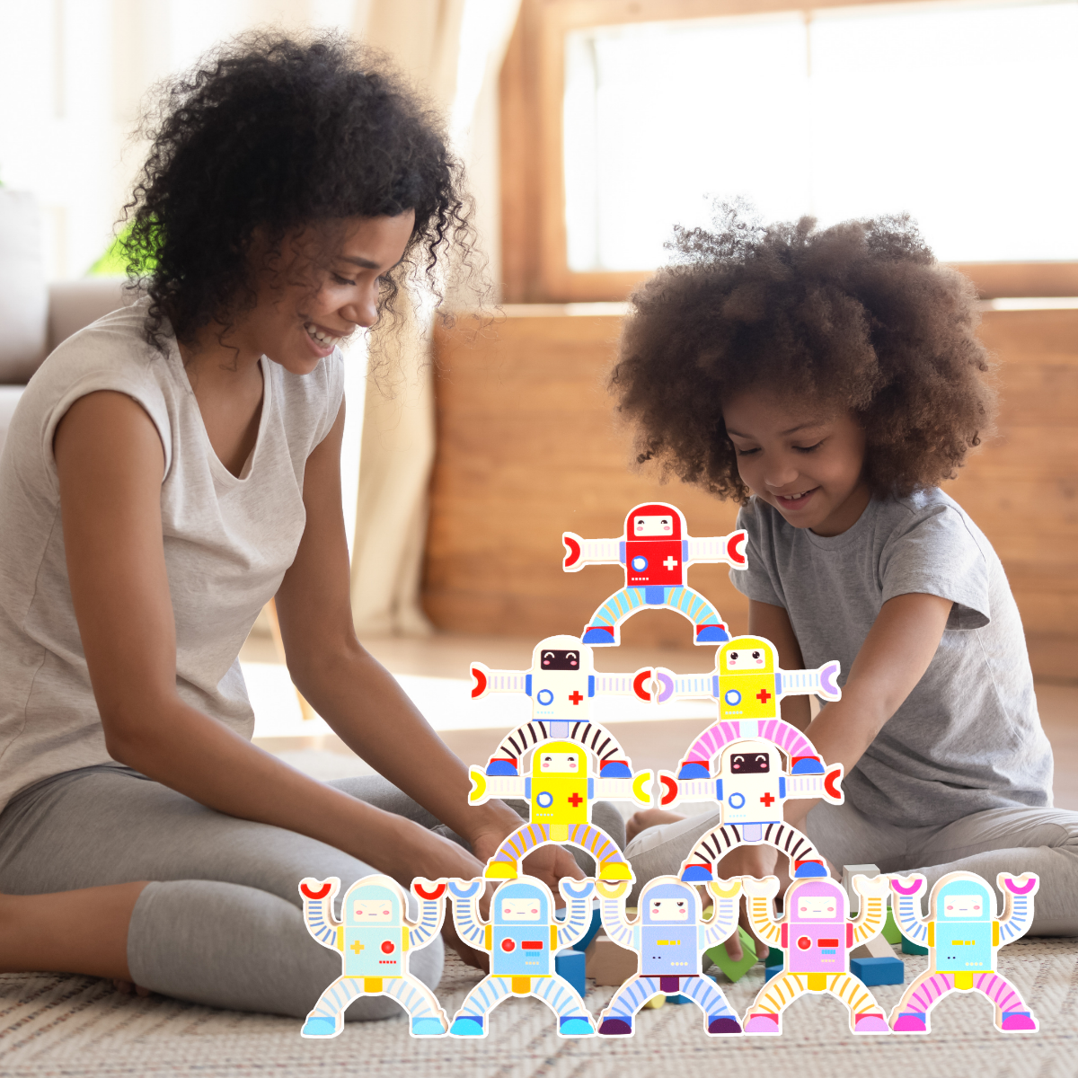 Robot Theme Wood Stacking Toy Set of 10 Combo Set for Kids, Baby, and Toddlers | Wooden Toys | Educational Toys | Activity Toys| Infant and Preschool Toys