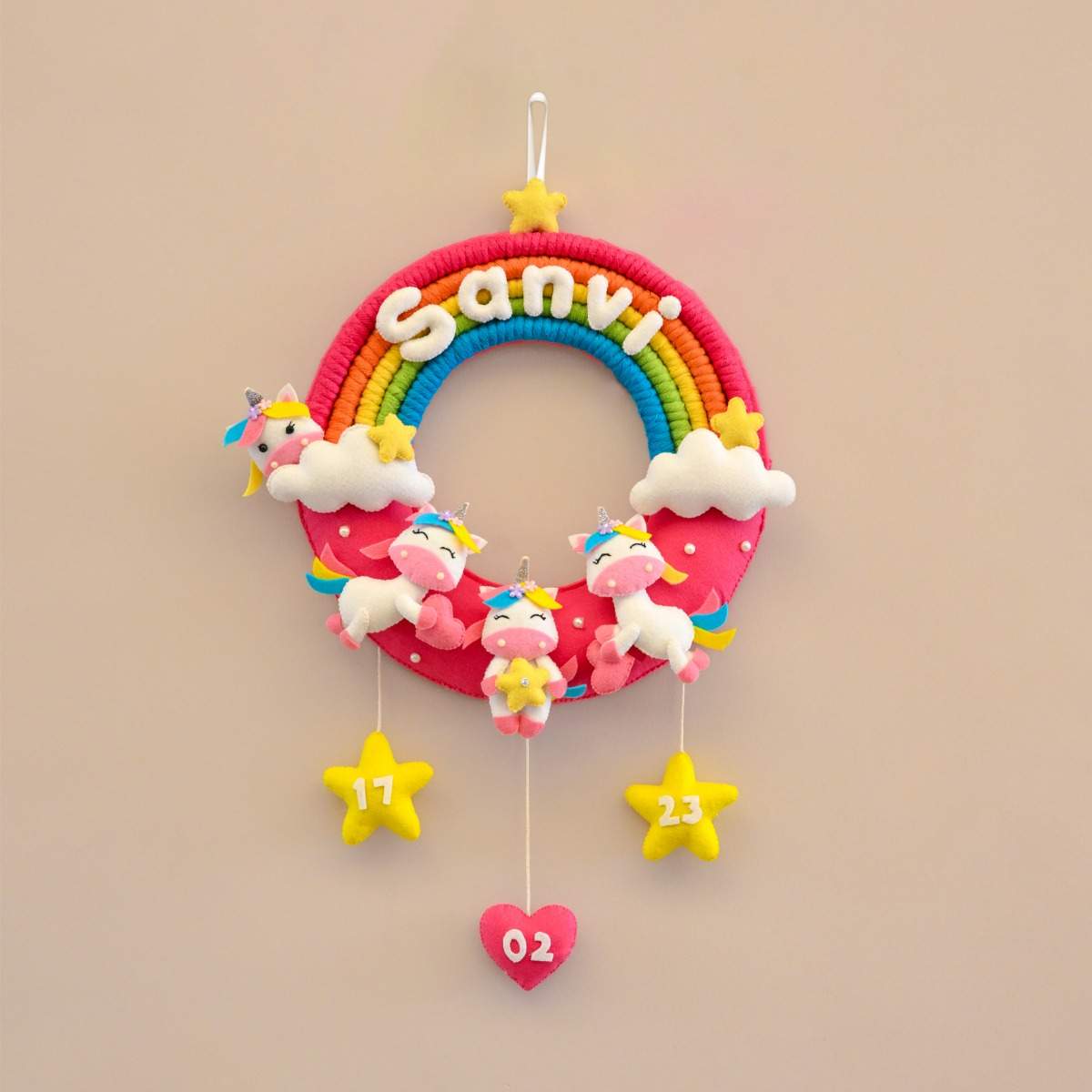 Junior Rainbow and Unicorn-Themed Custom Name macrame Wreath-Made to Order