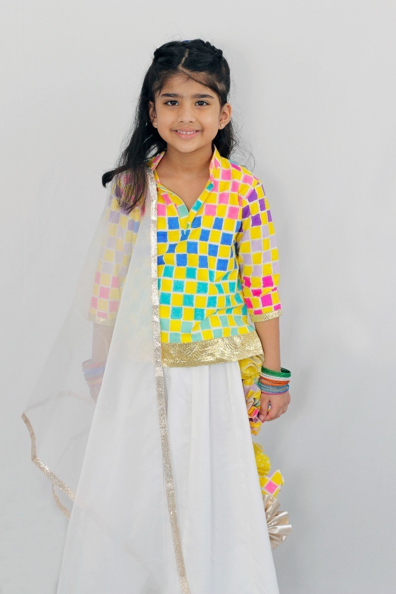 Traditional wear-Checkered-Printed Lehenga Set with Organza Dupatta