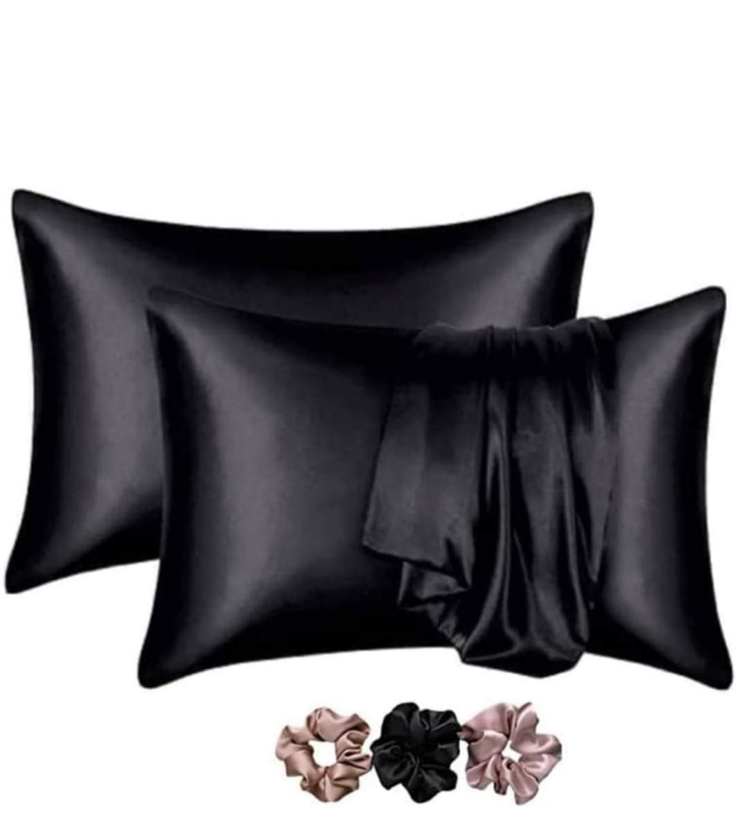 A Tiny Moppet-Satin Pillow Covers(Black) - Count 2 with 3 Free Scrunchies (Random colours) - ATM-0060