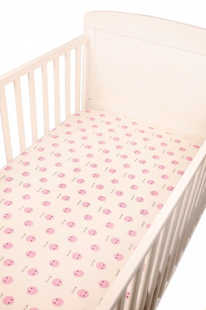 Fitted Crib/ Cot Sheet - Pink Smiley