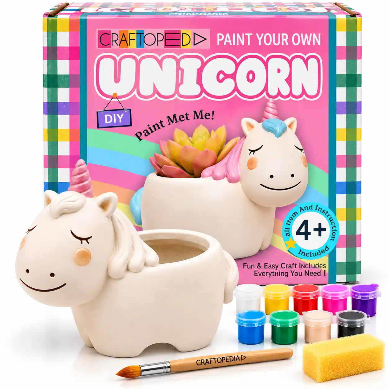 Ceramic unicorn planter painting kit for kids with watercolours