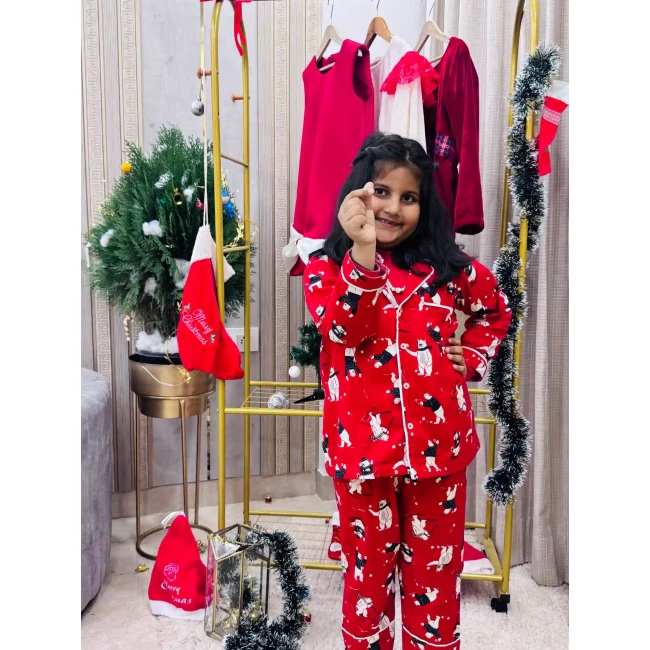 Red Christmas flannel polar bear nightwear set for kids
