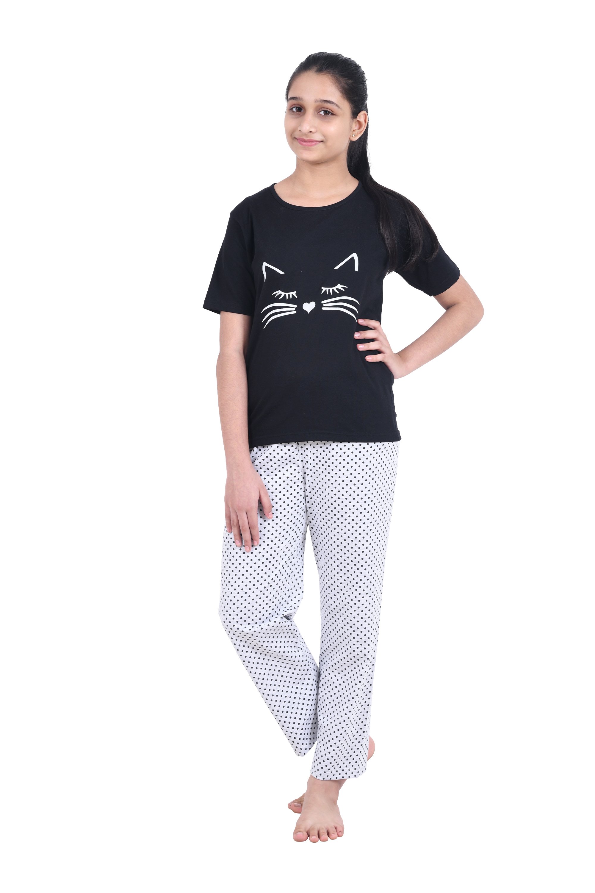 Girls Half Sleeves T-shirt and Bottom Nightsuit - Black & Grey