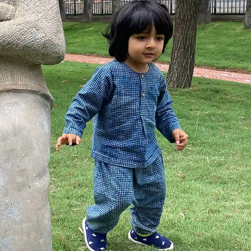 UNISEX ORGANIC INDIGO CHECK KURTA + MATCHING PANTS