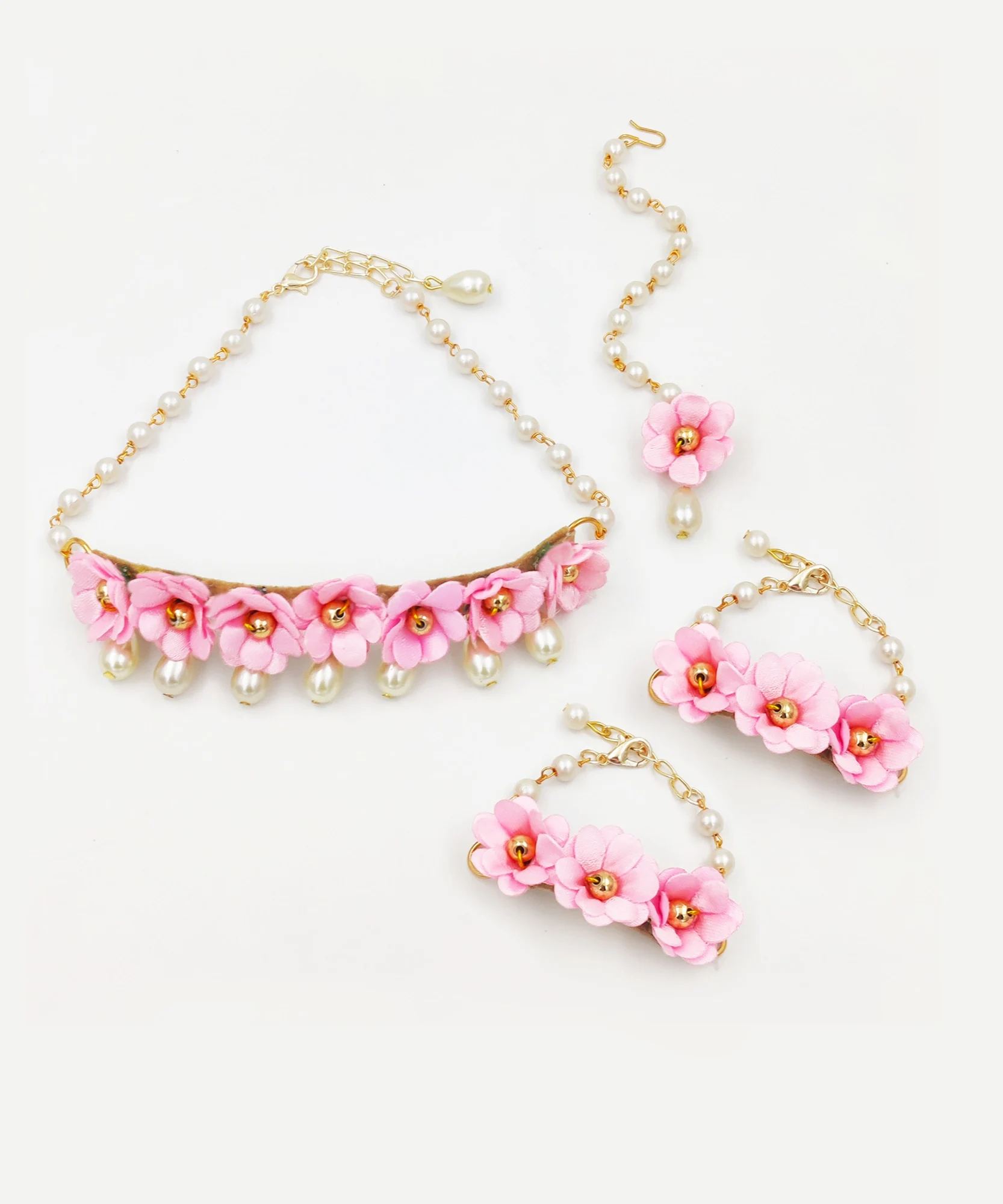 Gulabo Floral Necklace, 2 Bracelets & Maang Teeka Set- Light Pink