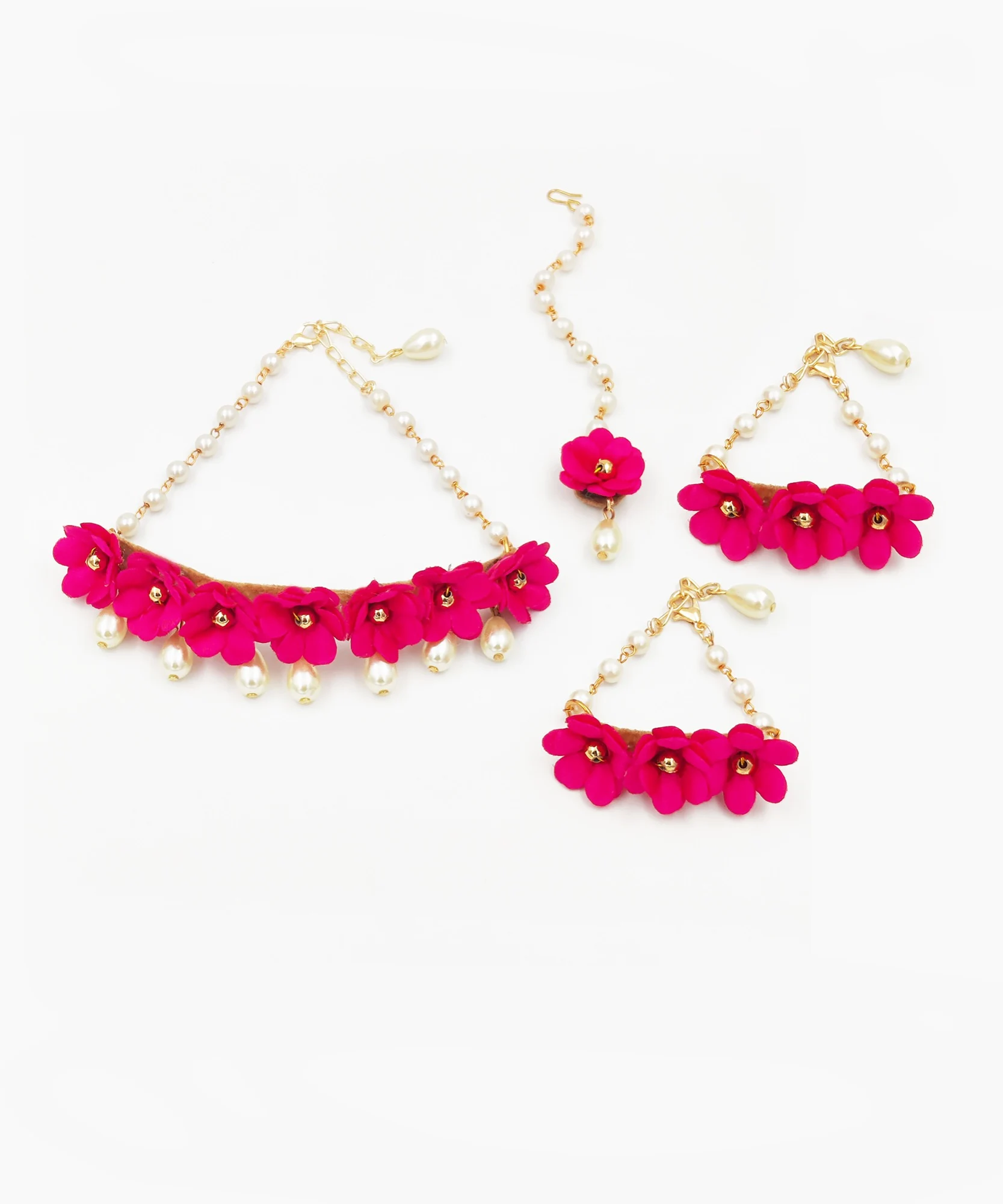 Noor Floral Necklace, 2 Bracelets & Maang Teeka Set- Dark Pink