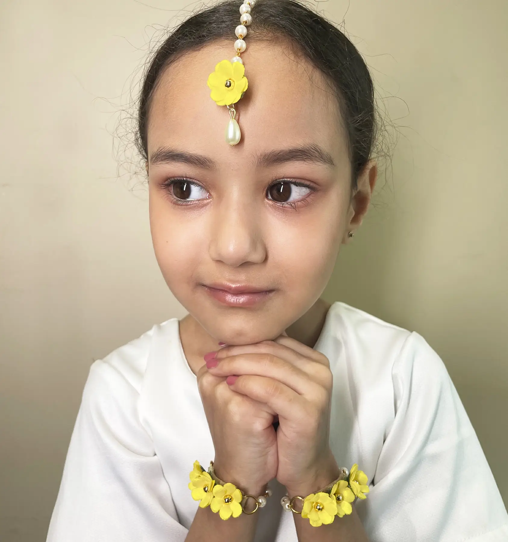 Gul Flower Bracelets & Maang Teeka Set- Yellow