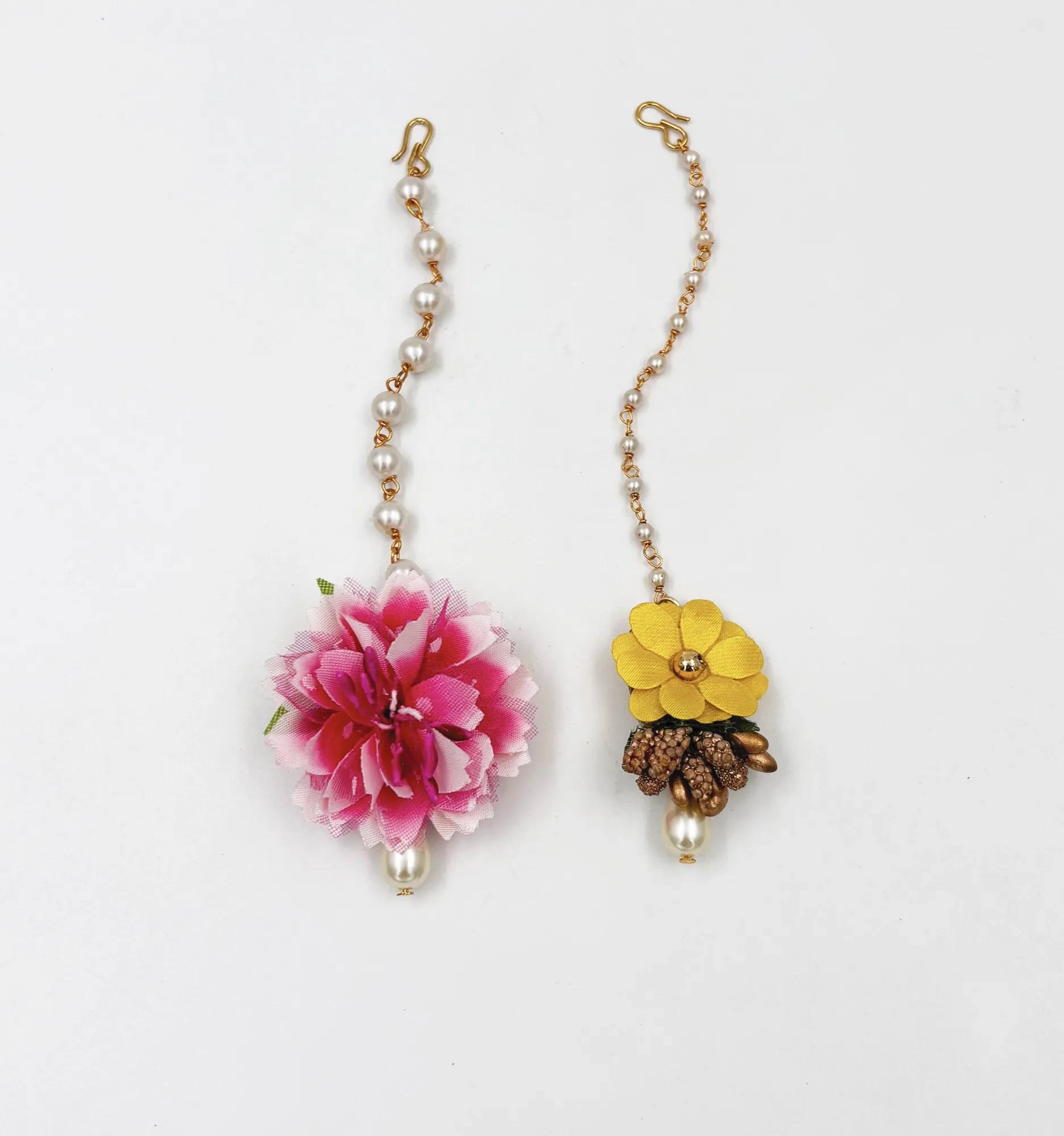 Set Of 2 Flower Embellished Maang Teekas- Yellow, Magenta, Gold