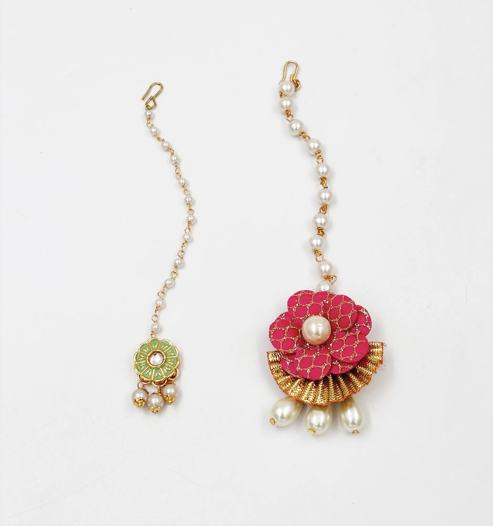 Set Of 2 Floral Gota & Meenakari Maang Teekas- Light Green, Magenta, Gold