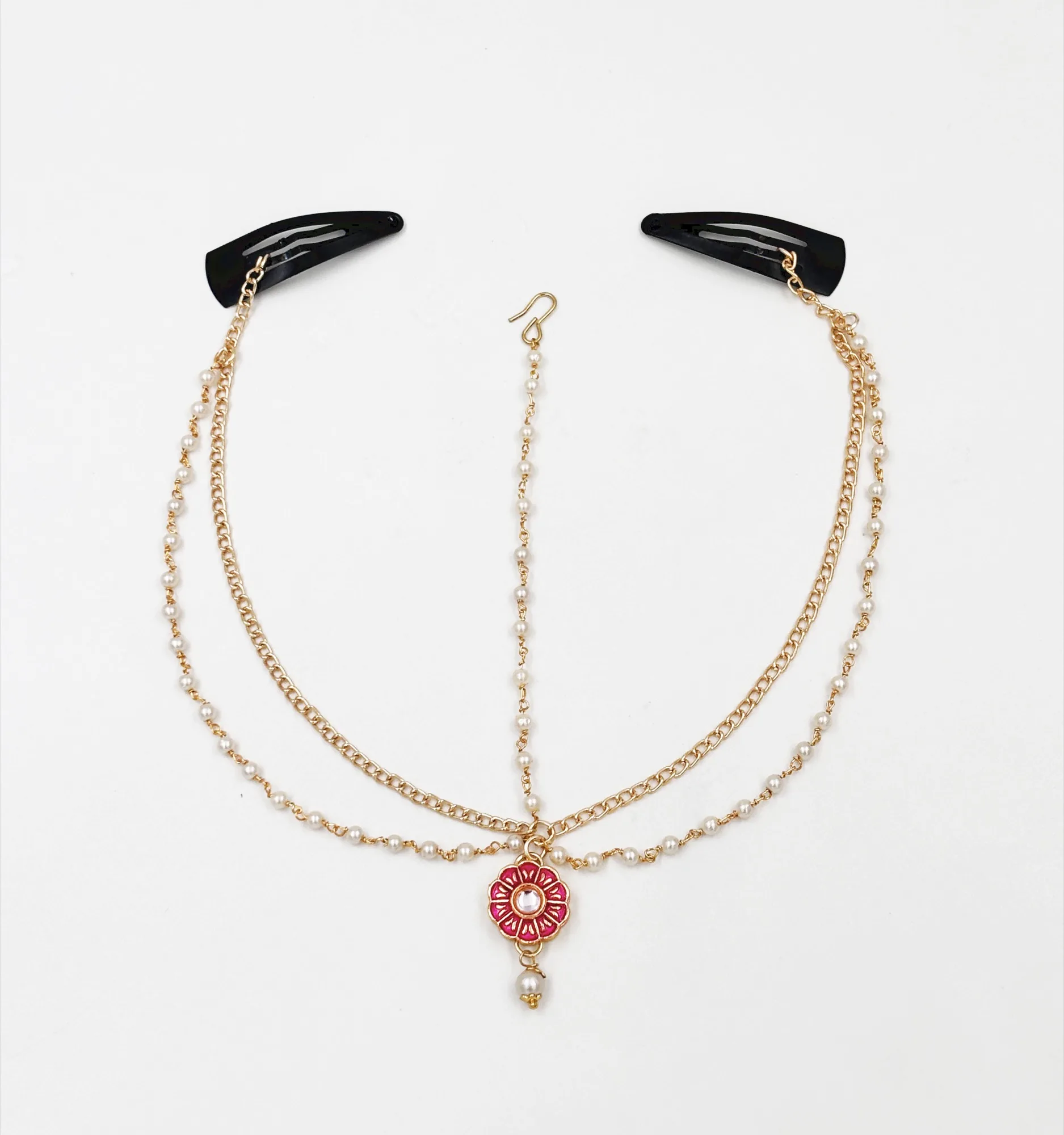 Flower Meenakari Headchain- Magenta, Gold