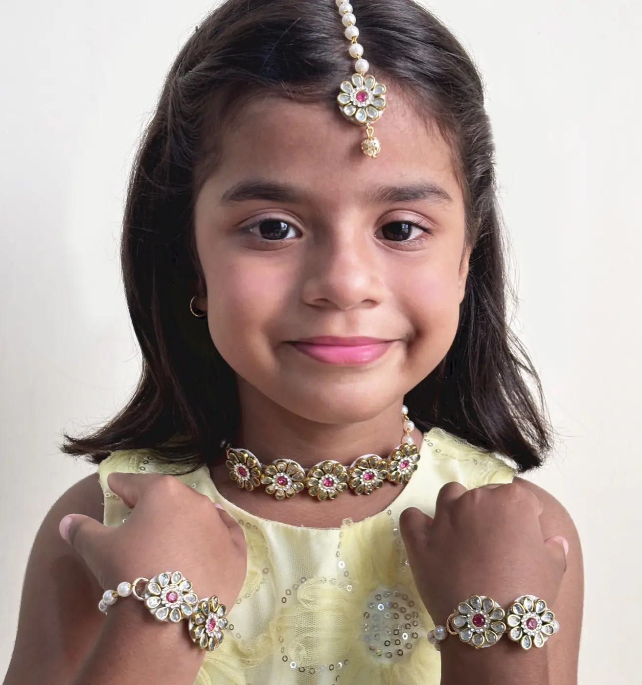 Mrigya Kundan Floral Choker, Bracelets & Maang Teeka Set- Golden, Dark Pink