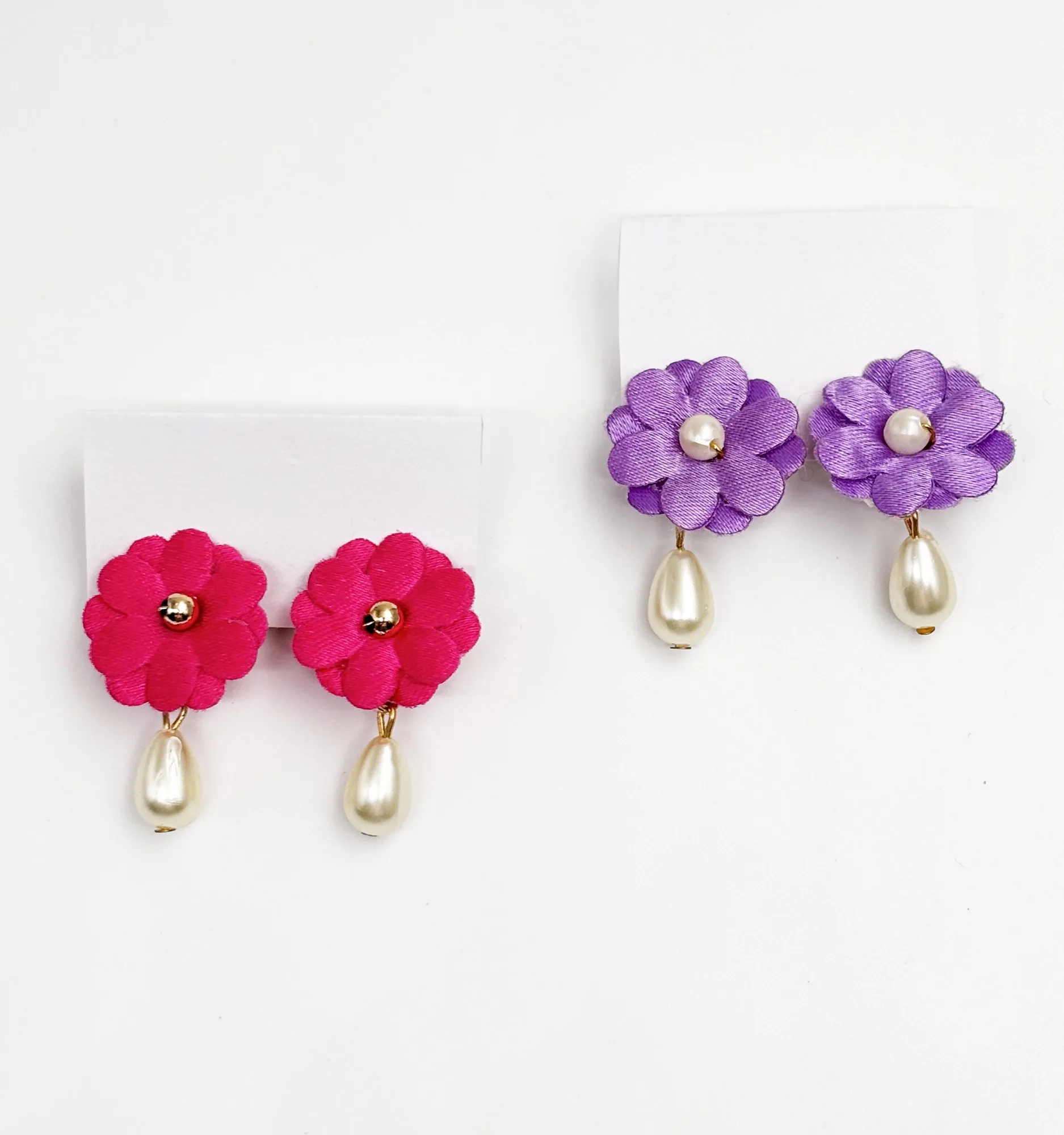 Set of 2 Floral Clip-On Earrings with Pearl Drop- Dark Pink, Lilac