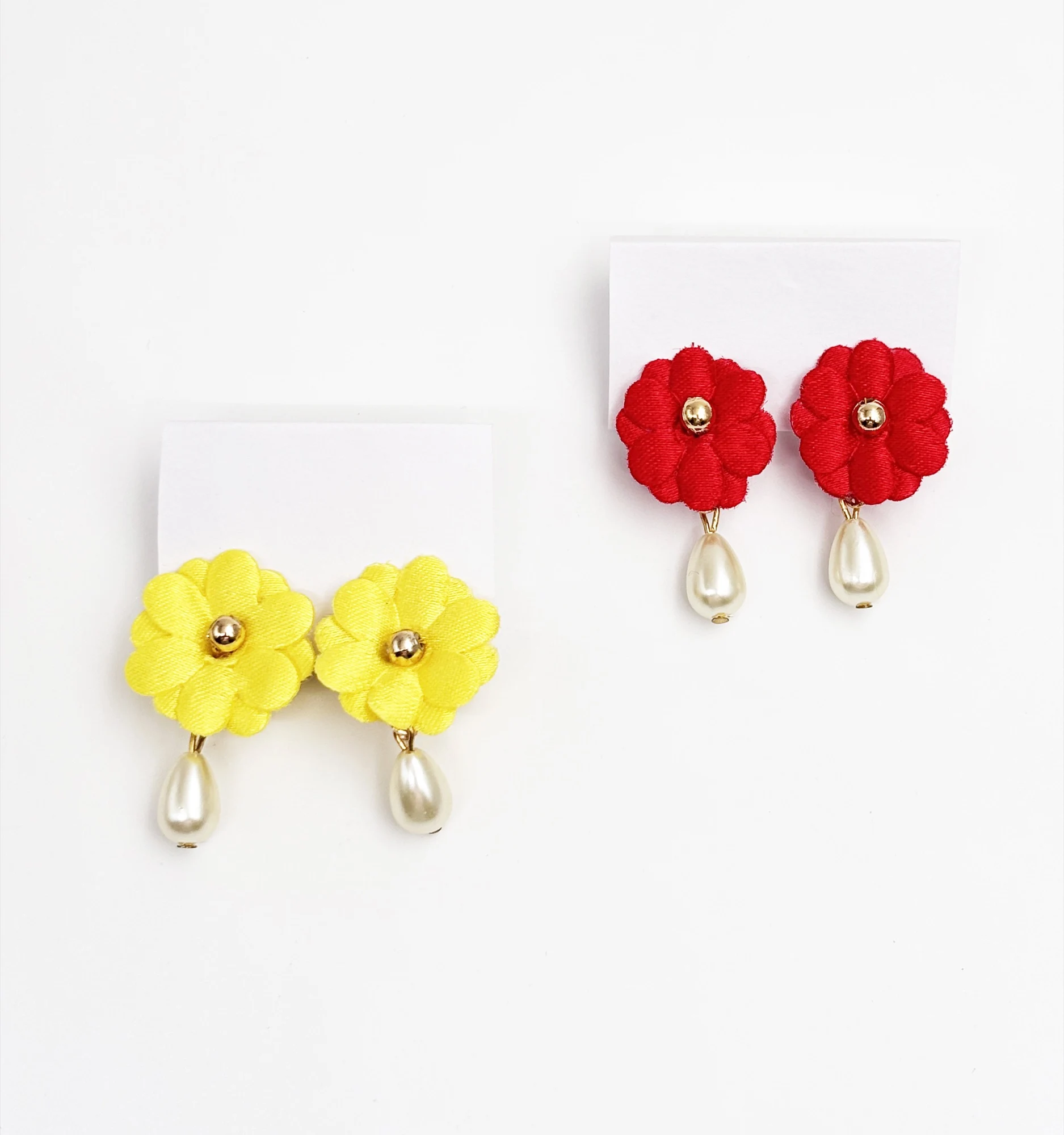 Set of 2 Floral Clip-On Earrings with Pearl Drop- Yellow, Red