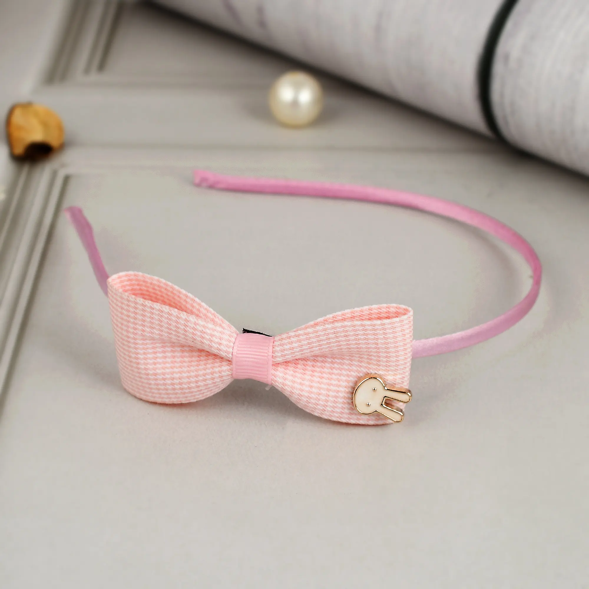 Checkered Bow Hair Band - Light Pink