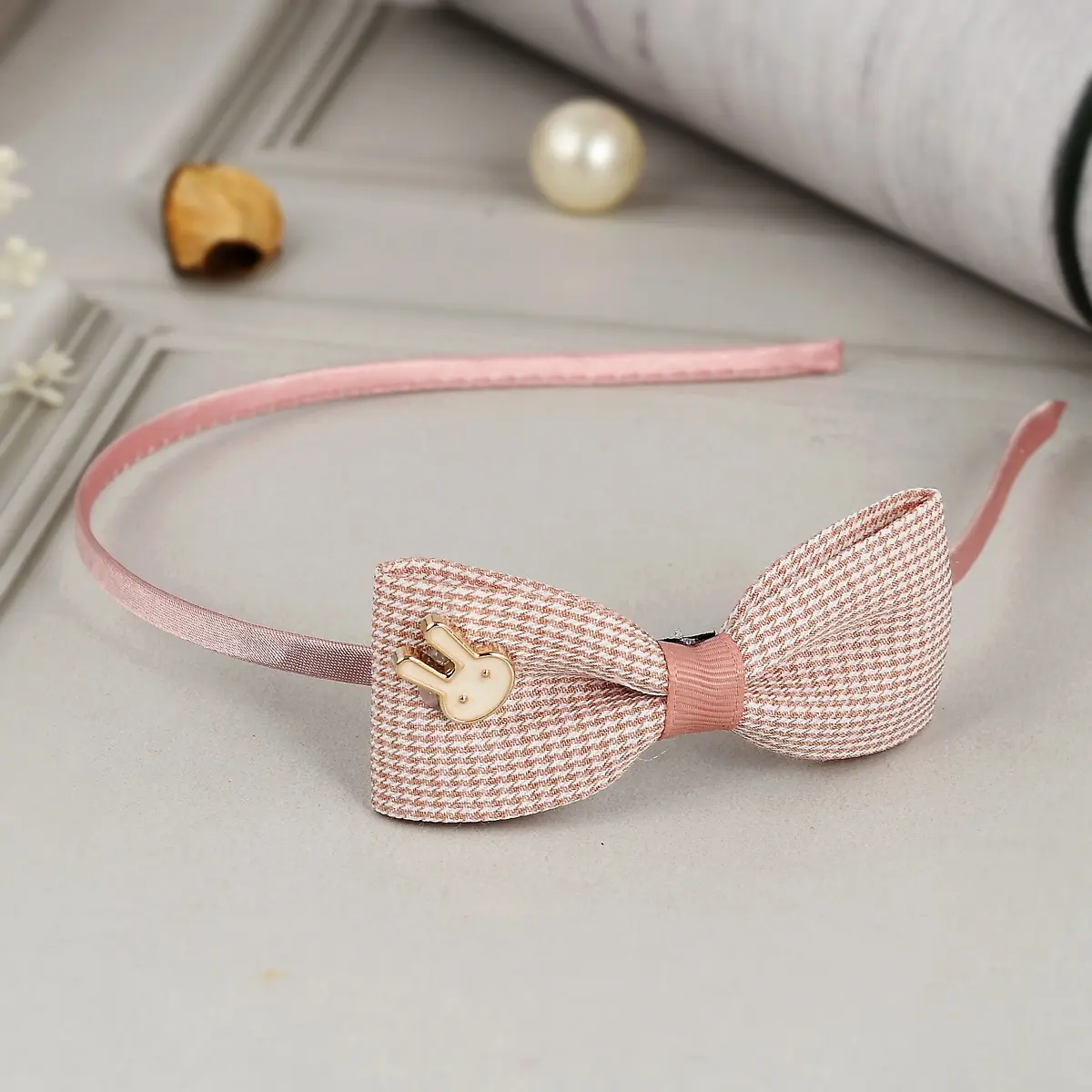 Checkered Bow Hair Band - Peach