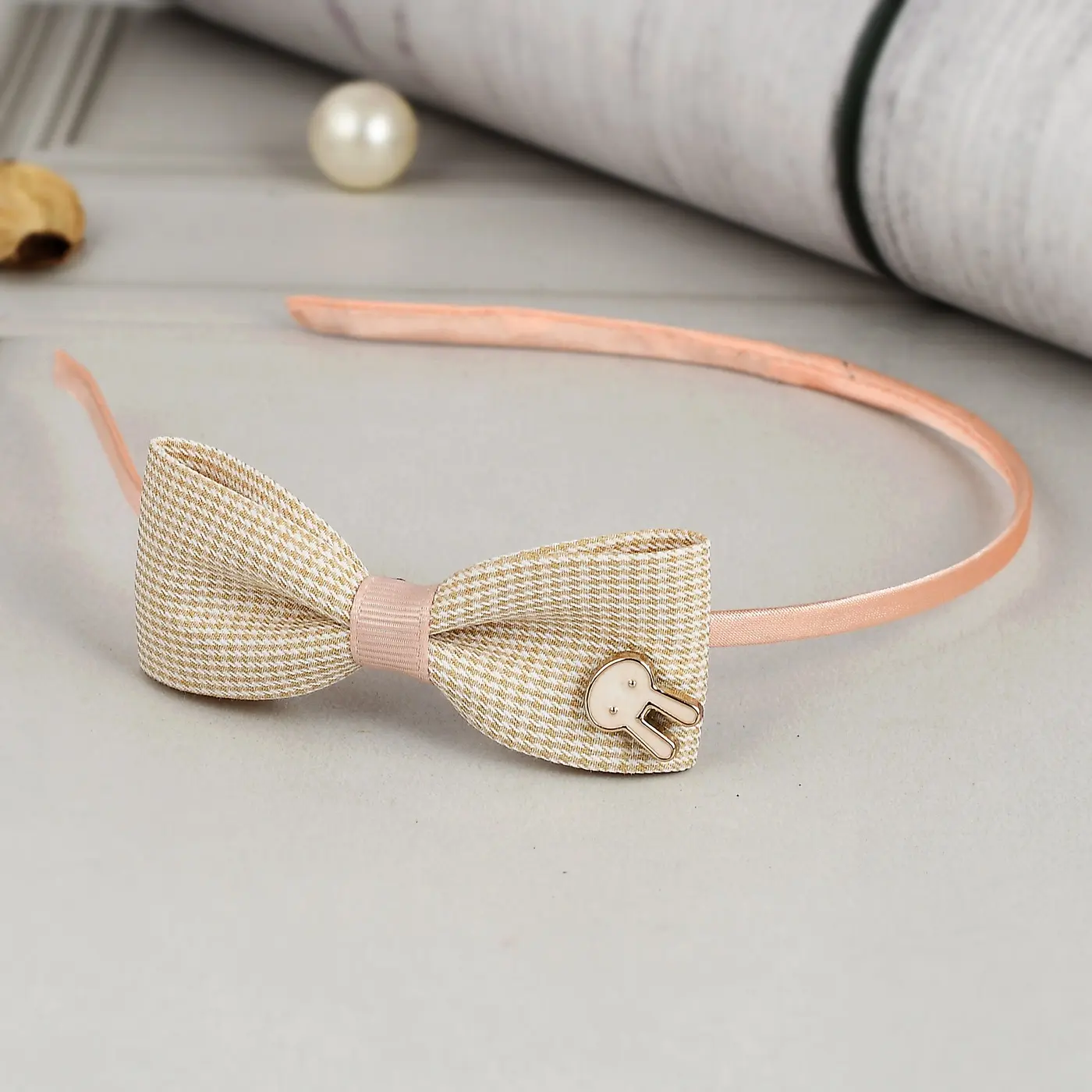 Checkered Bow Hair Band - Beige