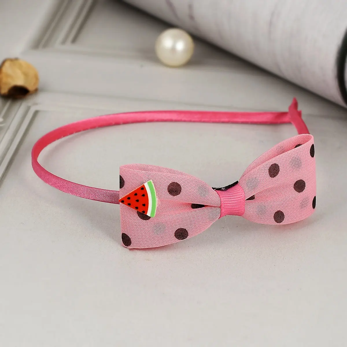 Polka Dot Printed Bow Hair Band - Pink
