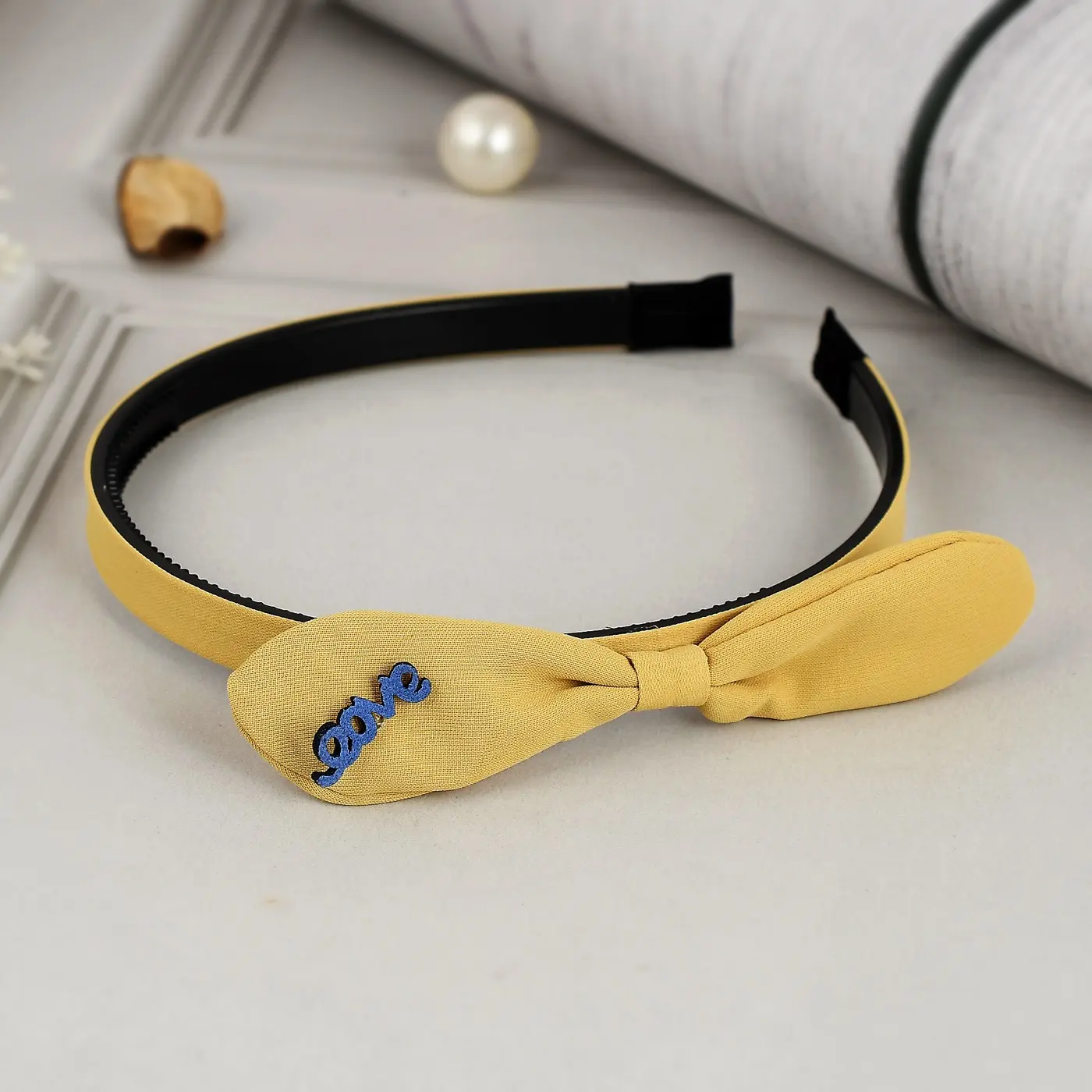 Love Applique Bow Hair Band - Yellow