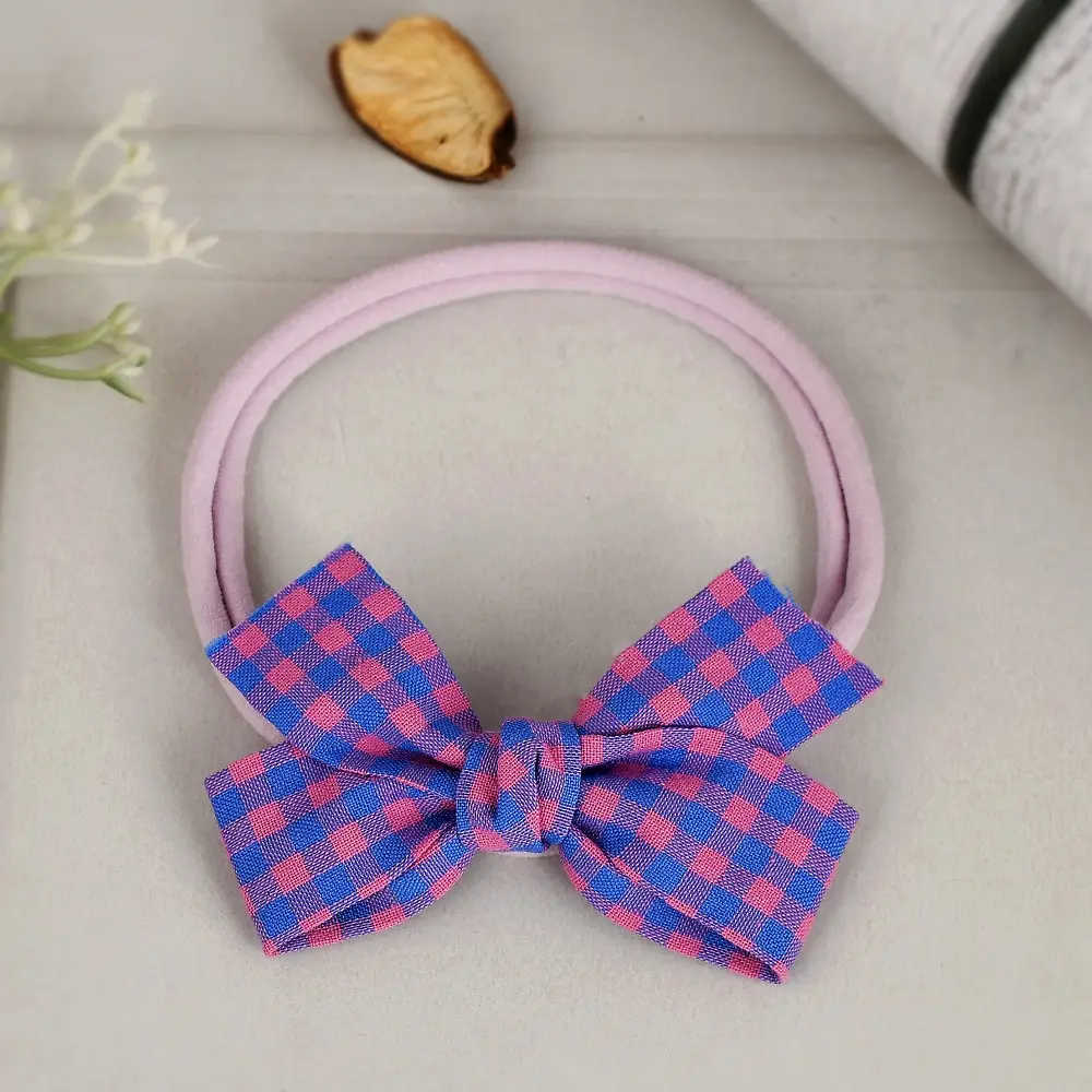 Checkered Bow Hair Rubber Band - Dark Blue
