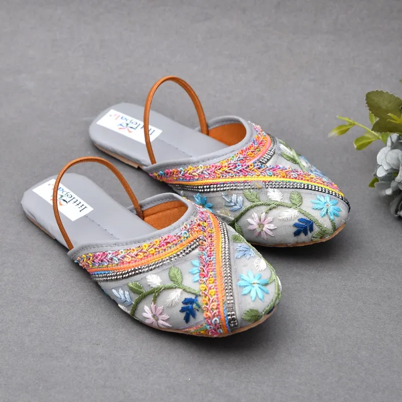 Floral Embroidered & Sequins Embellished Mojaris - Grey