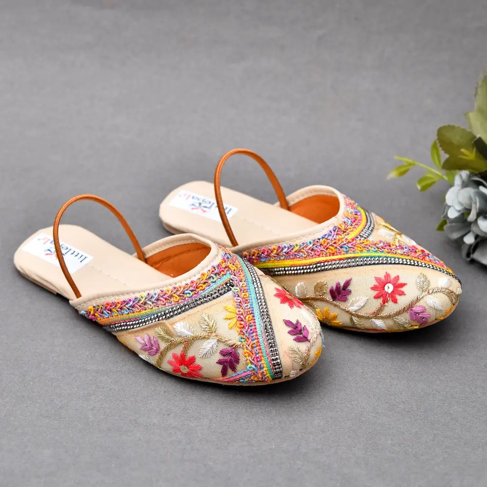Floral Embroidered & Sequins Embellished Mojaris - Beige