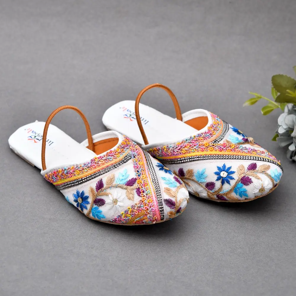 Floral Embroidered & Sequins Embellished Mojaris - White