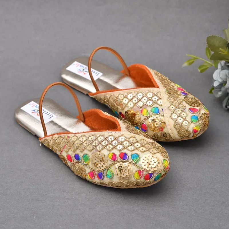 Floral Embroidered & Sequins Embellished Mojaris - Golden