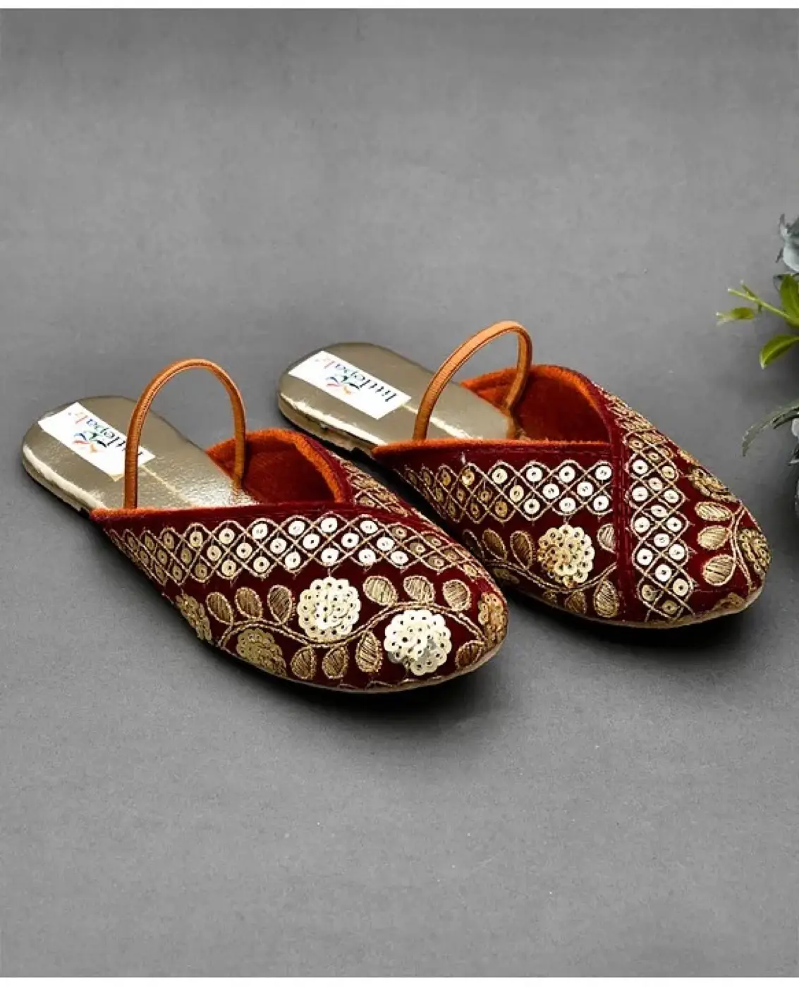 Leaves Embroidered & Sequins Embellished Mojaris - Maroon