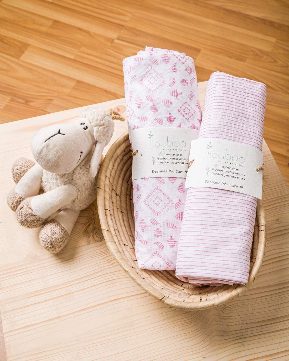 HAND BLOCK PRINTED MULMUL  SWADDLE  PINK STRIPE AND DIAMOND