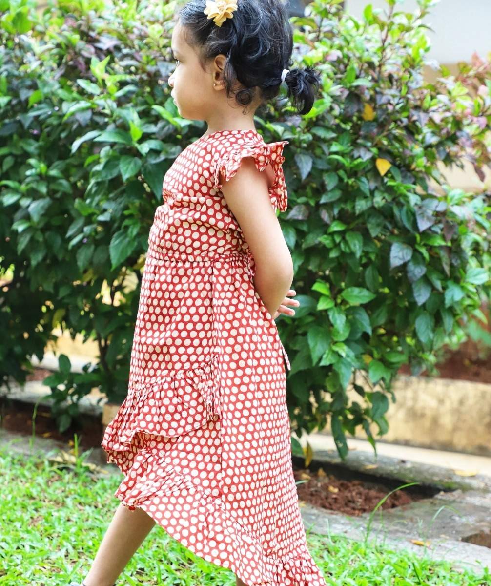 Long Ruffle Cotton Dress - Rust Polka Dot