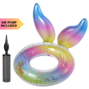 Inflatable Swimming Ring Float Tube with Air Pump - Multicolour Mermaid Design with Glitters