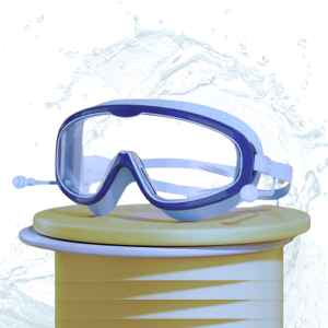 Swimming Goggles Large Frame Wide View Big Glasses with Connected Ear Plugs - Blue
