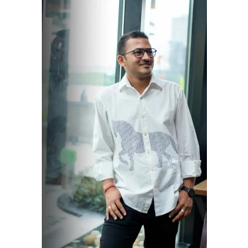 Lined Horse Embroidered Men Shirt - White