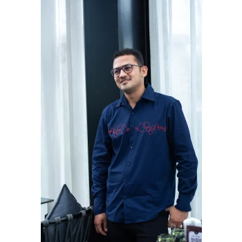 Abstract Squares Embroidered Men Shirt - Navy