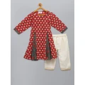 Red Printed Godet Kurta with Offwhite Pyjama