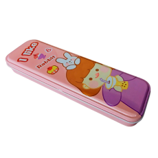 Cartoon Hardtop 2 Compartment Small Size Metal Pencil Box - Rabbit Design, Pink Colour