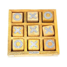 Noughts and Crosses Game Brass Wooden Tic Tac Toe Game - Yellow